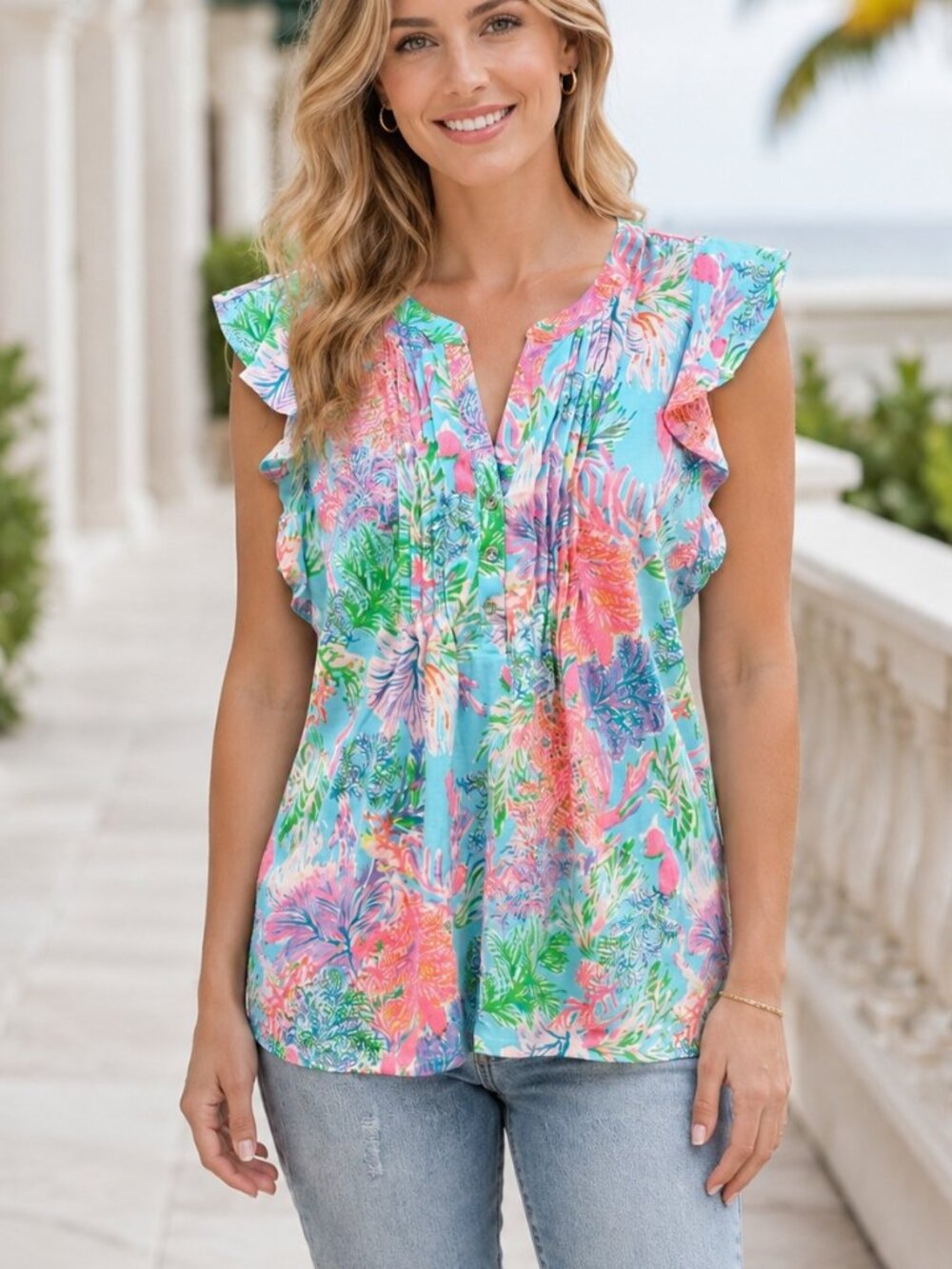 Lilly Pulitzer Golda Blouse Top Ruffle Pintuck Floral Printed Cotton L 288231
